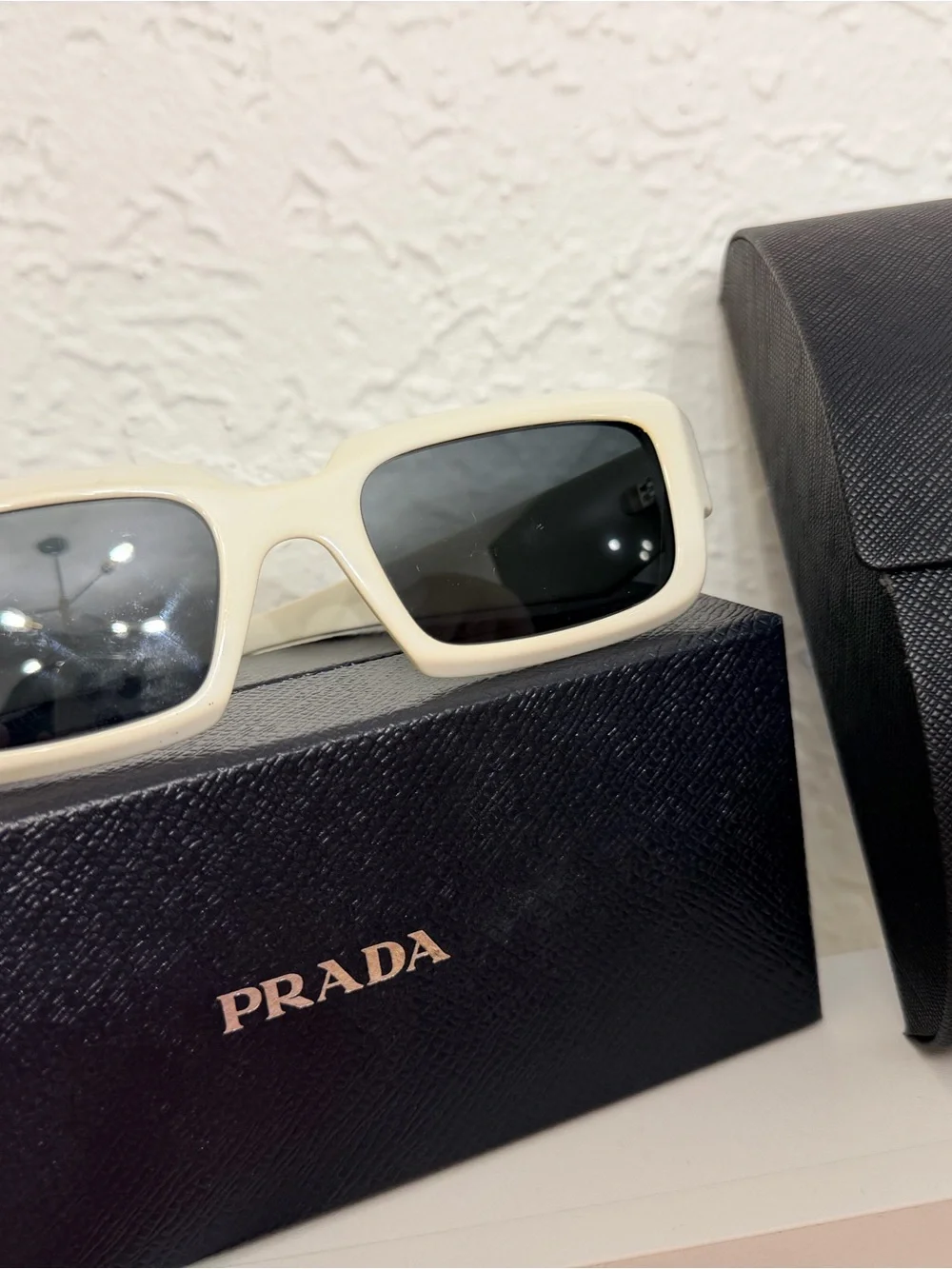 Prada Cream Rectangular Sunglasses with Black Lenses